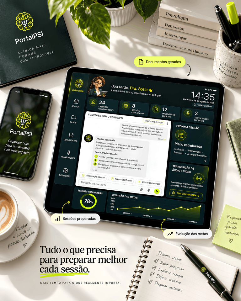 PortalPSI abierto en tablet y celular, con análisis clínico y transcripción de notas de voz